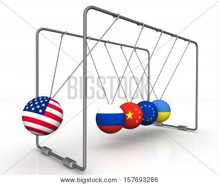 The law of retroactivity of sanctions in geopolitics. Ball with flag of the USA brings balls from a state of equilibrium with the flags of other countries. 3D Illustration
