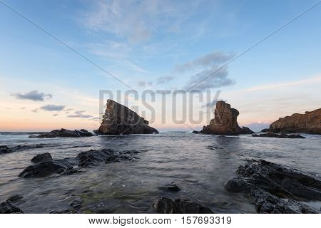 Magnificent sunset over the rock phenomenon The Ships, the village of Sinemorets, Bulgaria