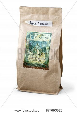 Warsaw Poland - November 04 2016: coffee package Giyanti on white background Jakarta Indonesia serving Best Specialty Coffee Specialty Coffee in Jakarta Specialty Coffee in Indonesia Wholesale Roasted Beans