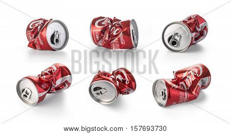 Chisinau Moldova - August 26 2016:Crumpled Coca Cola cans. Coca Cola drinks are produced and manufactured by The Coca-Cola Company an American multinational beverage corporation.