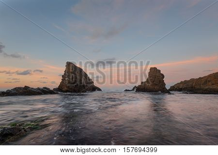 Magnificent sunset over the rock phenomenon The Ships, the village of Sinemorets, Bulgaria