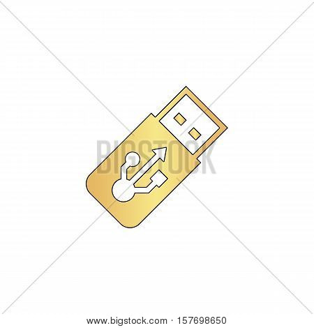 USB flash drive Gold vector icon with black contour line. Flat computer symbol