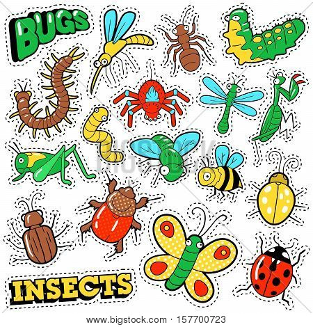 Bugs and Insects Patches, Stickers, Badges Set for Prints and Textile. Vector Doodle in Comic Style