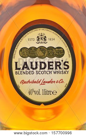 CIRCA NOVEMBER 2016 - GDANSK: Lauders blended scotch whisky. It is distilled blended and bottled in Scotland by Archibald Lauder and co in Glasgow that was established in 1834.