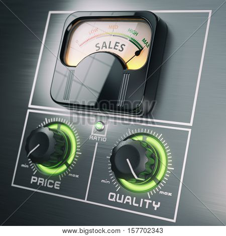 Sales price quality ratio control marketing concept. Maximum sales at high quality and low price switches. 3d illustration