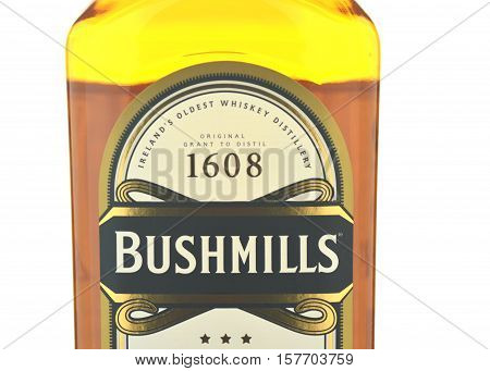 CIRCA NOVEMBER 2016 - GDANSK: Bushmills irish whiskey isolated on white background. The Old Bushmills Distillery is a distillery in Bushmills, County Antrim, Northern Ireland. It was founded in 1784.