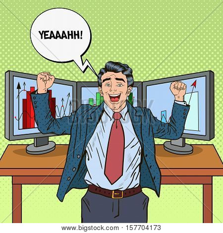 Pop Art Successful Businessman with Computers and Graphs of Growing Market Shares. Vector illustration