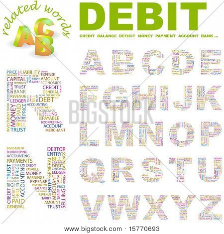 Debit. Wordcloud Alphabet mit verschiedenen Association Bedingungen.