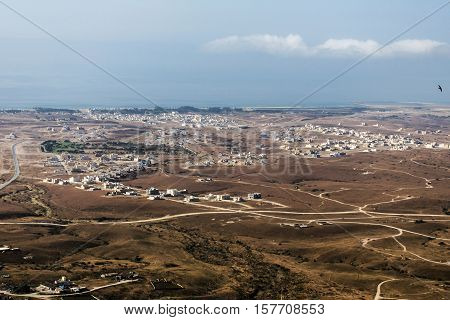 Aerial View over city Taqah Sultanate of Oman region Dhofar Salalah 