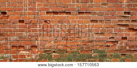 Wide Red Brown Vintage Distressed Brick Wall Surface Background Texture