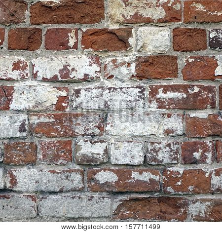 Red Brick Wall With  Shabby White Plaster Rectangular Background Texture