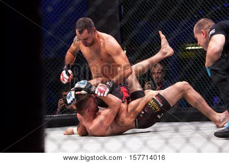 NOVI SAD SERBIA - NOVEMBER 05 2016 : MMA - SBC FIGHT TURNAMENT. ATHLETES IN THE RING EXTREME SPORT. FIGHT NIGHT PROFESIONAL ATHLETES SELECTIVE FOCUS WITH SHALLOW DEPTH OF FIELD NOVEMBER 05 2016 NOVI SAD SERBIA