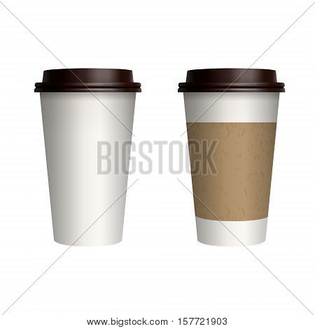 Take-out coffee with brown cap and cup holder. Isolated on white background. Vector Illustration.