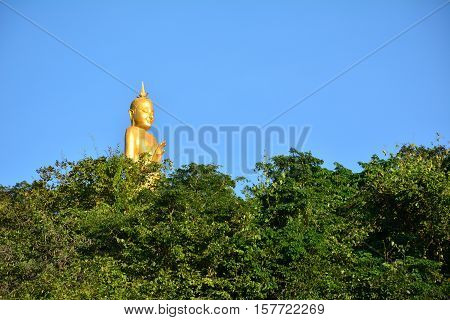 Big buddha statue behind trees and clear sky.