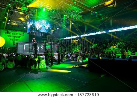 NOVI SAD SERBIA - NOVEMBER 05 2016 : MMA - SBC FIGHT TURNAMENT. CROWD IN TURNAMENT ARENA EXTREME SPORT. FIGHT NIGHT PROFESIONAL ATHLETES NOVEMBER 05 2016 NOVI SAD SERBIA