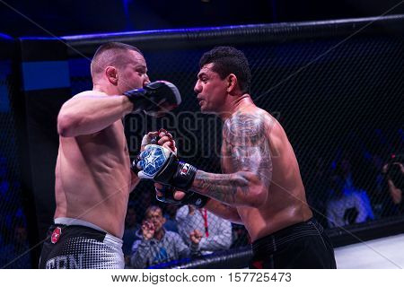 NOVI SAD SERBIA - NOVEMBER 05 2016 : MMA - SBC FIGHT TURNAMENT. ATHLETES IN THE RING EXTREME SPORT. FIGHT NIGHT PROFESIONAL ATHLETESSELECTIVE FOCUS WITH SHALLOW DEPTH OF FIELD NOVEMBER 05 2016 NOVI SAD SERBIA