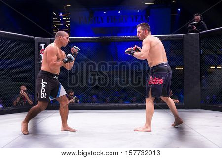 NOVI SAD SERBIA - NOVEMBER 05 2016 : MMA - SBC FIGHT TURNAMENT. ATHLETES IN THE RING EXTREME SPORT. FIGHT NIGHT PROFESIONAL ATHLETES NOVEMBER 05 2016 NOVI SAD SERBIA