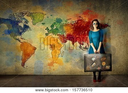 woman on color world map background