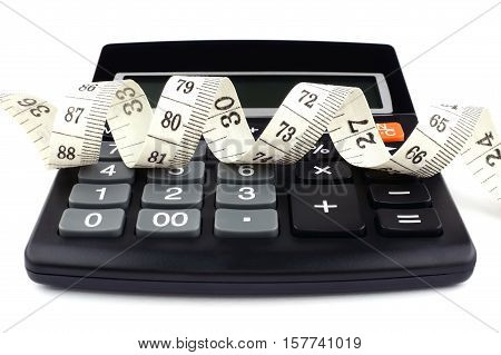 Calculator and measuring tape isolated on white background. A symbol of diet
