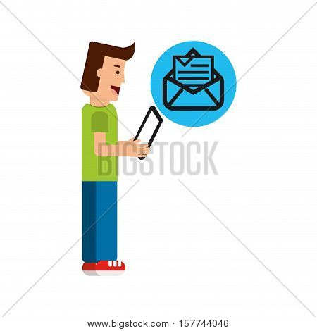character boy with tablet email newsletter open envelope vector illustration eps 10