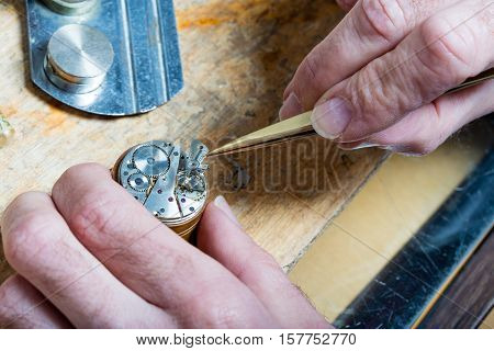 Clockmaker Fixing An Opened Watch