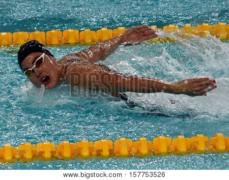 Hong Kong China - Oct 29 2016. Hungarian swimmer Zsuzsanna Jakabos swimming butterfly. FINA Swimming World Cup Preliminary Heats Victoria Park Swimming Pool.