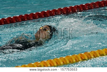 Hong Kong China - Oct 29 2016. Hungarian swimmer Zsuzsanna Jakabos swimming backstroke. FINA Swimming World Cup Preliminary Heats Victoria Park Swimming Pool.