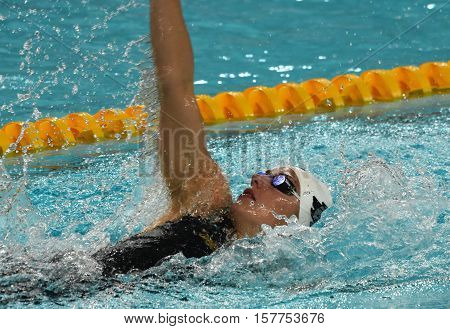 Hong Kong China - Oct 29 2016. Hungarian Olympic world and European champion swimmer Katinka Hosszu swimming backstroke. FINA Swimming World Cup Preliminary Heats Victoria Park Swimming Pool.