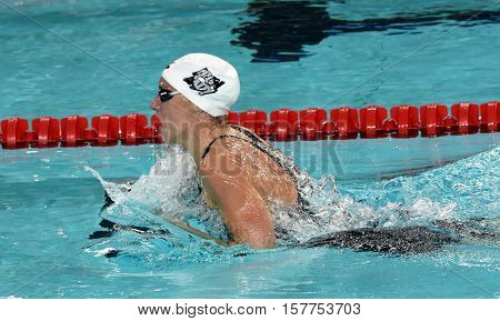 Hong Kong China - Oct 29 2016. Hungarian Olympic world and European champion swimmer Katinka Hosszu swimming breaststroke. FINA Swimming World Cup Preliminary Heats Victoria Park Swimming Pool.