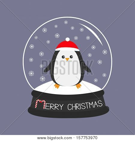 Penguin in red santa hat. Cute cartoon character. Arctic animal collection. Baby bird. rystal ball with snow. Merry Christmas card Candy cane text. Flat design Violet background. Vector illustration