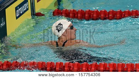 Hong Kong China - Oct 29 2016. Olympic world and European champion swimmer Katinka Hosszu from Hungary in the finish. FINA Swimming World Cup Preliminary Heats Victoria Park Swimming Pool.