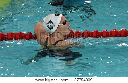 Hong Kong China - Oct 29 2016. Olympic world and European champion swimmer Katinka Hosszu from Hungary in the finish. FINA Swimming World Cup Preliminary Heats Victoria Park Swimming Pool.