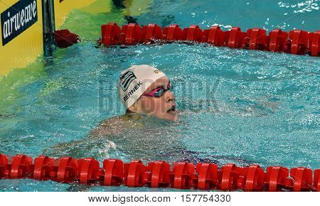 Hong Kong China - Oct 29 2016. Olympian and World Youth gold medalist Peter Bernek from Hungary in the finish. FINA Swimming World Cup Preliminary Heats Victoria Park Swimming Pool.