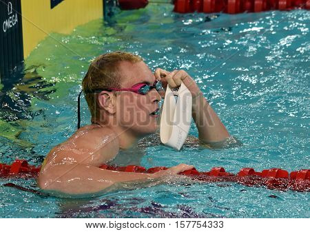 Hong Kong China - Oct 29 2016. Olympian and World Youth gold medalist Peter Bernek from Hungary in the finish. FINA Swimming World Cup Preliminary Heats Victoria Park Swimming Pool.