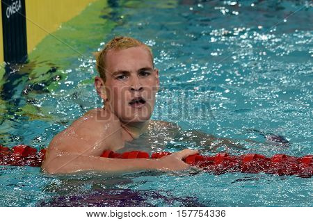 Hong Kong China - Oct 29 2016. Olympian and World Youth gold medalist Peter Bernek from Hungary in the finish. FINA Swimming World Cup Preliminary Heats Victoria Park Swimming Pool.