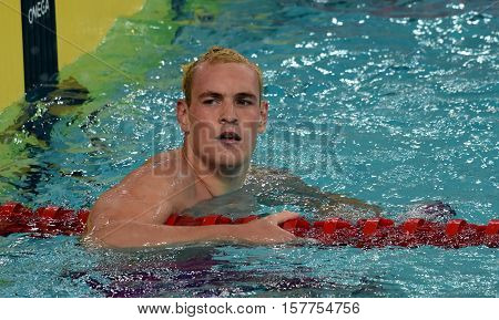 Hong Kong China - Oct 29 2016. Olympian and World Youth gold medalist Peter Bernek from Hungary in the finish. FINA Swimming World Cup Preliminary Heats Victoria Park Swimming Pool.
