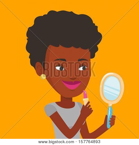 African-american woman doing makeup and looking in hand-mirror. Woman rouge lips with lipstick. Young woman paints her lips. Woman applying lips makeup. Vector flat design illustration. Square layout