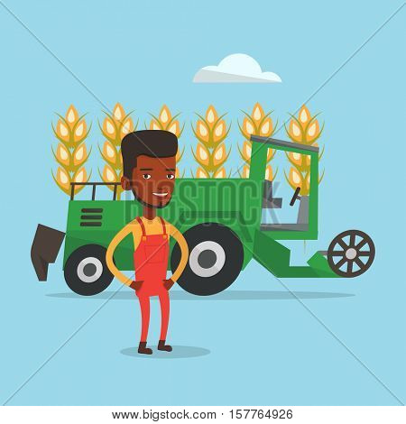African-american farmer standing on the background of combine harvesting wheat in field. Combine harvesting wheat. Farmer supervising harvesting works. Vector flat design illustration. Square layout.