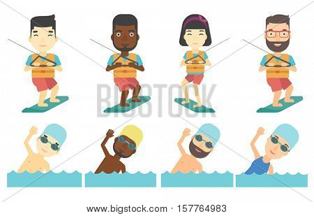 Wakeboarder making tricks. Young man wakeboarding on the sea. Professional sportsman training on wakeboard. Happy people swimming. Set of vector flat design illustrations isolated on white background.