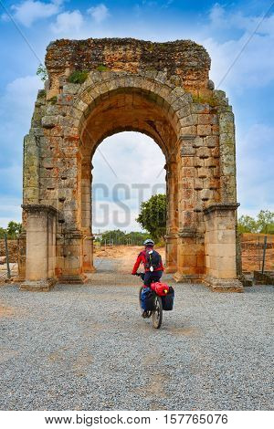 Arch roman of Caparra in Spain Extremadura biker pilgrim by the Via de la Plata way