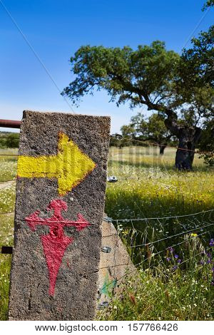 Via de la Plata way sign to Santiago in Dehesas of Spain Cornalvo and Sierra Bermeja