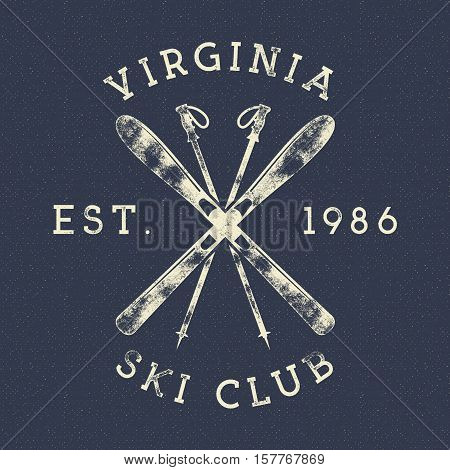 Winter Sports, Ski Club Label. Vintage Mountain winter camp explorer badges. Outdoor adventure logo design. Travel hand drawn and hipster insignia. Snowboard icon symbol. Wilderness. .