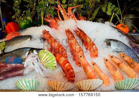Fresh fish and seafood displayed outside a restaurant Rethymno Crete Greece Europe.