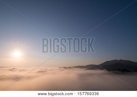 Beautiful sunrise view and sea of clouds from Phuhuayesan in Nong khai provience, Thailand.