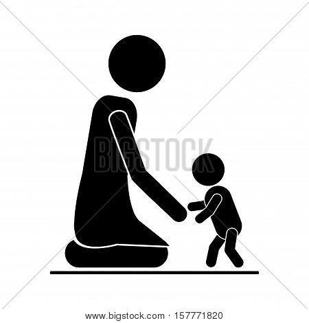 Baby giving his first steps with mom, vector illustration
