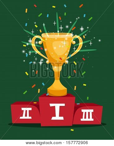 Cartoon prize golden cup on sports championship podium vector illustration
