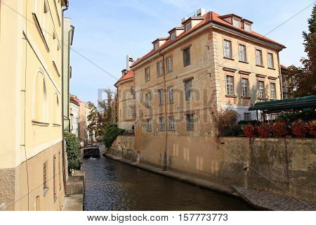 Old buildings and River Certovka in the district Mala strana, Prague, Czech Republic