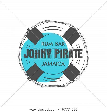 Vintage handcrafted rum bar label, emblem. sign - johny pirate, Jamaica. Sketching filled style. Pirate and sea symbols - old lifebuoy. Isolated on white background. illustration