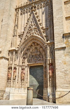 Seville cathedral facade in Constitucion avenue of Sevilla Andalusia Spain