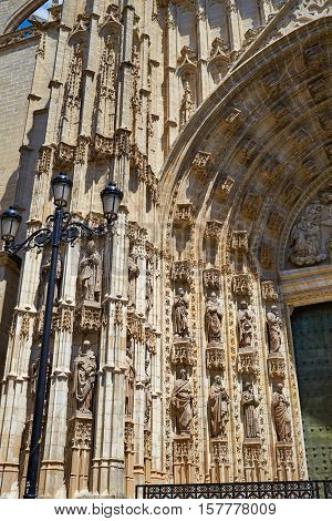 Seville cathedral facade in Constitucion avenue of Sevilla Andalusia Spain